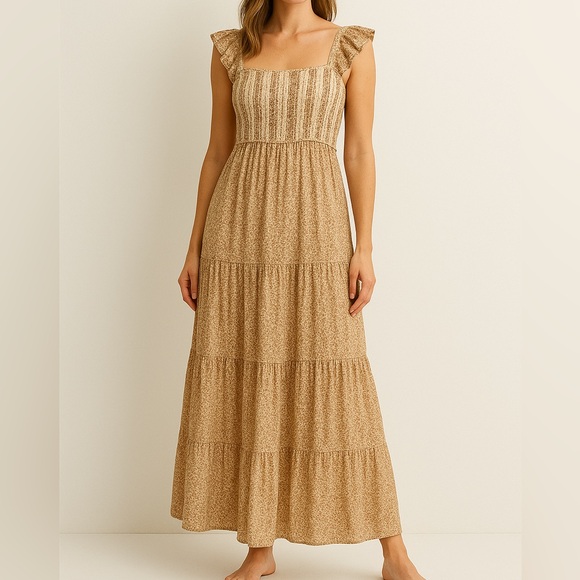 Jessica Simpson Boho Floral Cream and Brown Textured Maxi Dress Size M - Picture 8 of 8